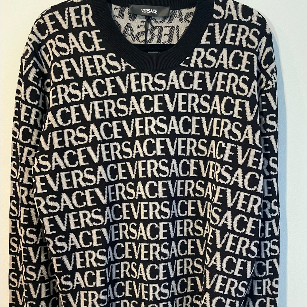 Versace Mens All-Over Logo Crewneck Organic Cotton Sweater, Size 52 (XL) - NWT
